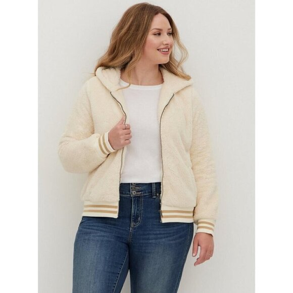 Torrid Cream Faux Fur Hooded Zip Front Bomber Jacket Women's Sz 2 or 2X - Picture 1 of 10